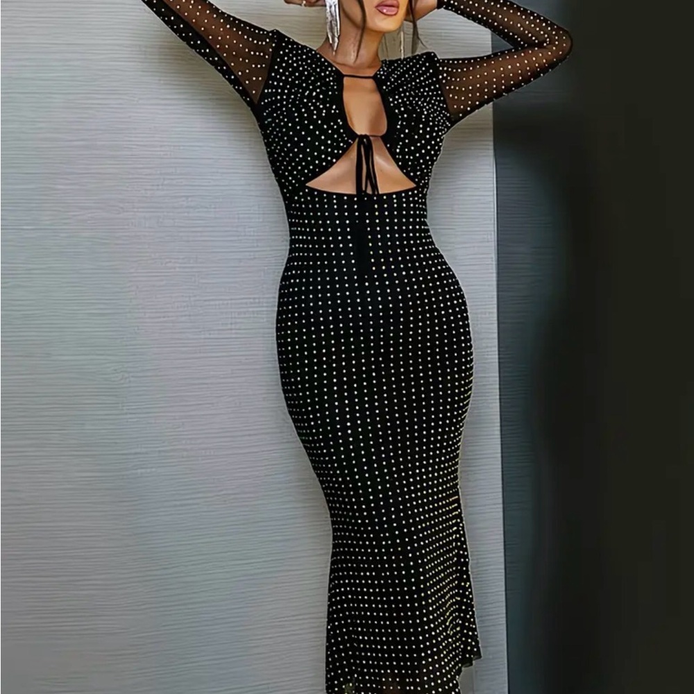 Elegant Black Long Sleeve Rhinestone Bodycon Dress